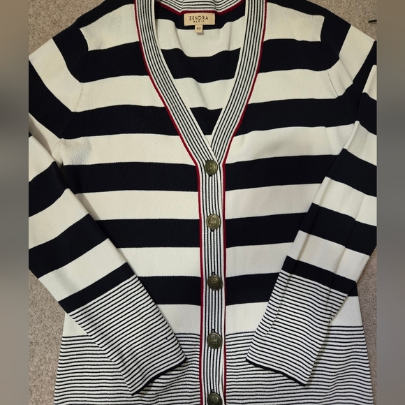 Zendra Nautical Navy and White V Neck Butoned Cardigan Sweater. Size 42/ Medoum - Picture 7 of 11